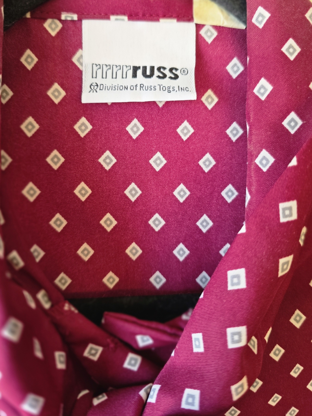 Vintage Russ Togs Diamond-Print Tie-Neck Blouse - Maroon - Picture 3 of 10